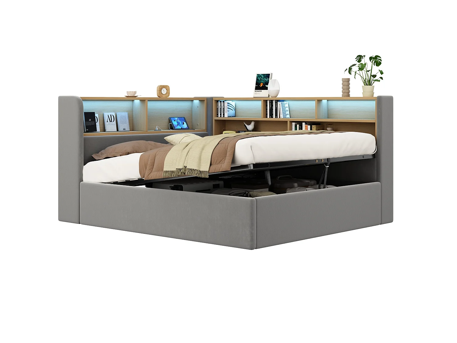 Lit coffre 140x190 cm en velours gris, tête de lit avec éclairage LED, espace de rangement, ports USB et Type‑C, sans matelas
