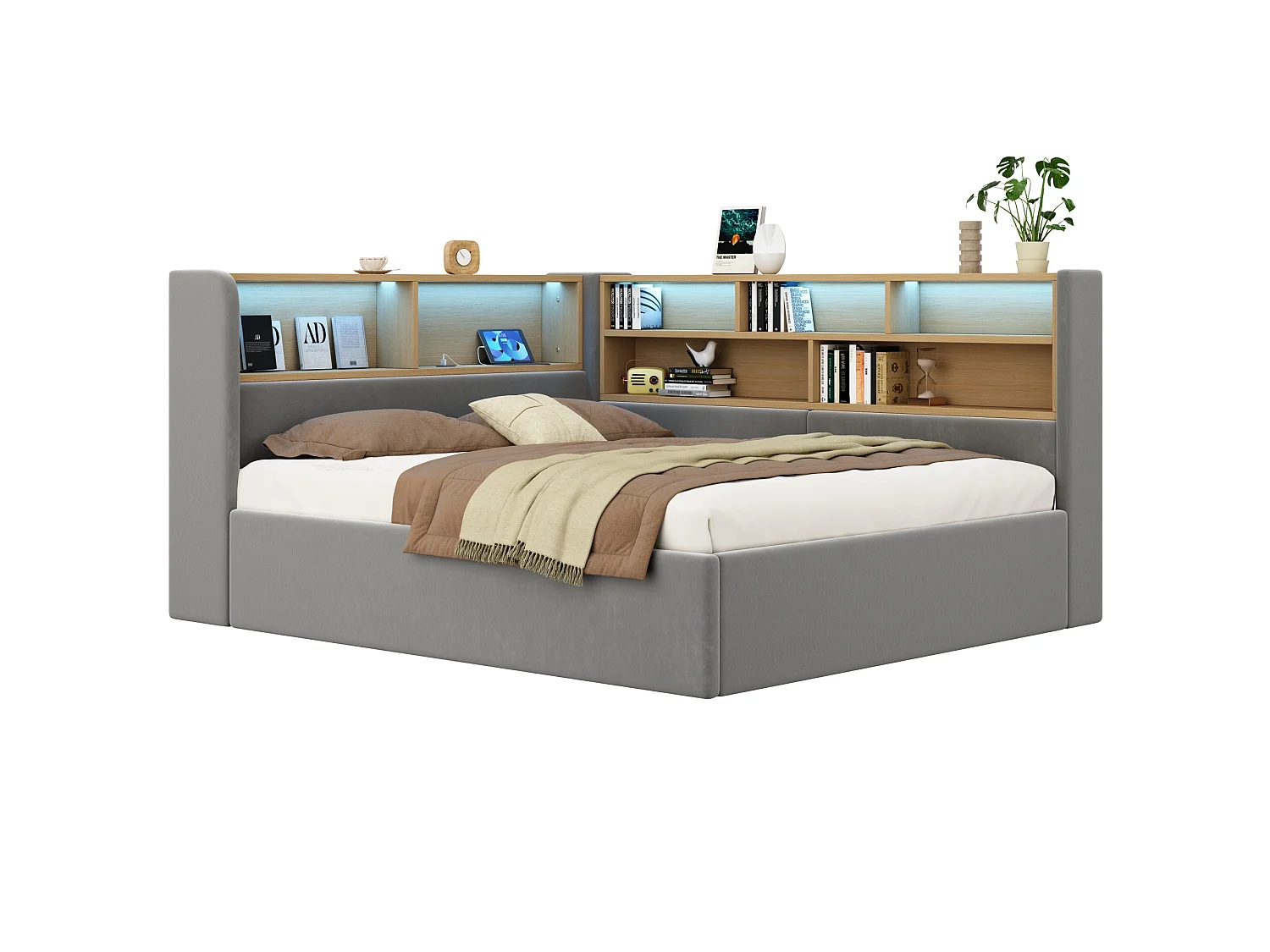 Lit coffre 140x190 cm en velours gris, tête de lit avec éclairage LED, espace de rangement, ports USB et Type‑C, sans matelas