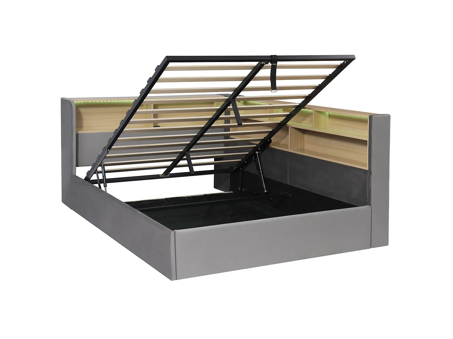 Lit coffre 140x190 cm en velours gris, tête de lit avec éclairage LED, espace de rangement, ports USB et Type‑C, sans matelas