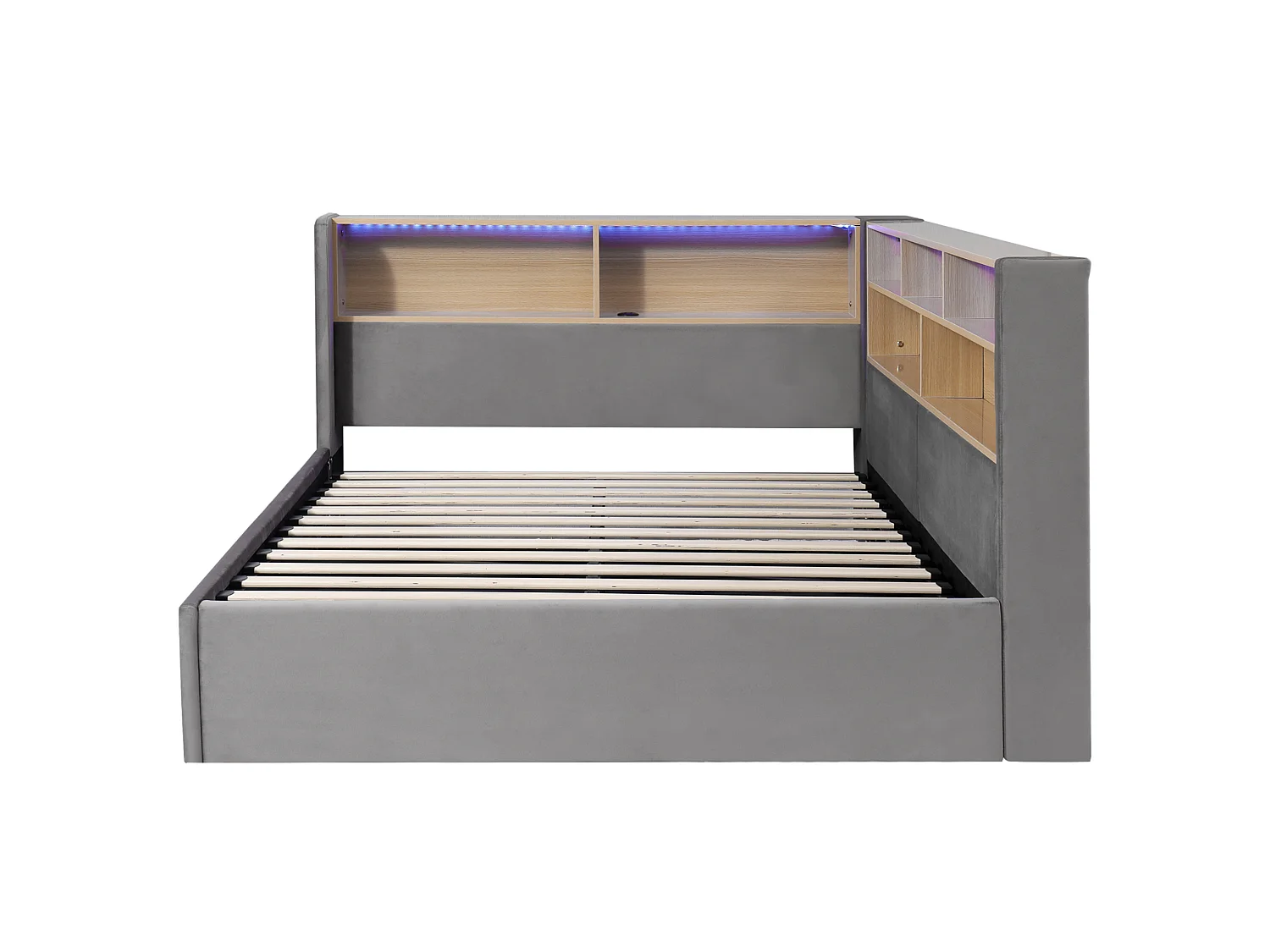 Lit coffre 140x190 cm en velours gris, tête de lit avec éclairage LED, espace de rangement, ports USB et Type‑C, sans matelas