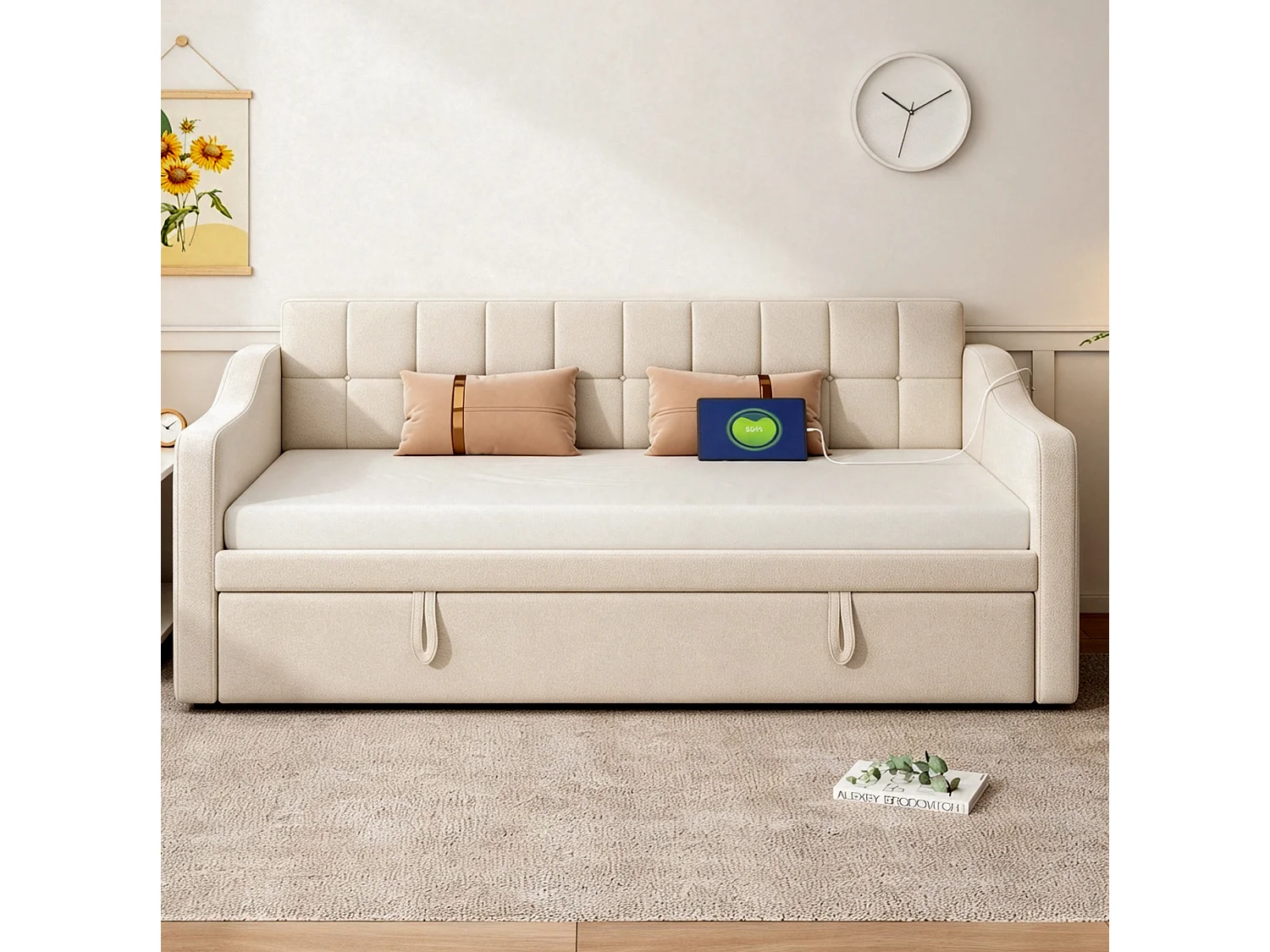 Lit banquette gigogne 90x190 cm en velours beige avec poches latérales, port USB, sans matelas