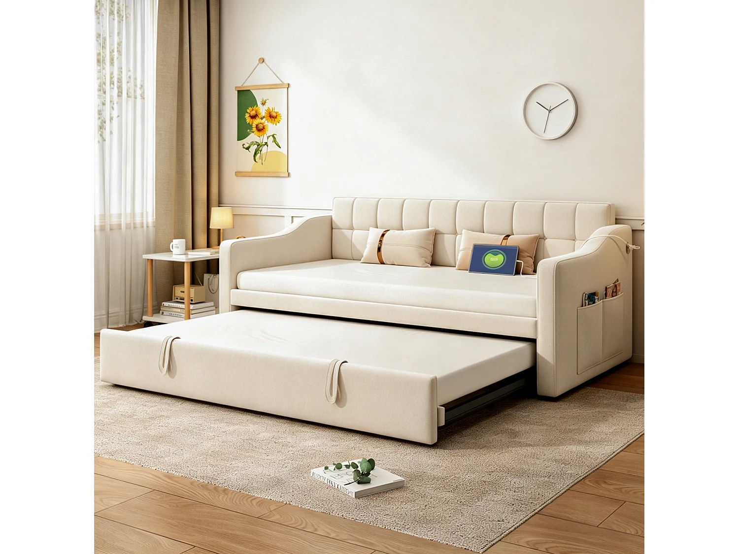 Lit banquette gigogne 90x190 cm en velours beige avec poches latérales, port USB, sans matelas