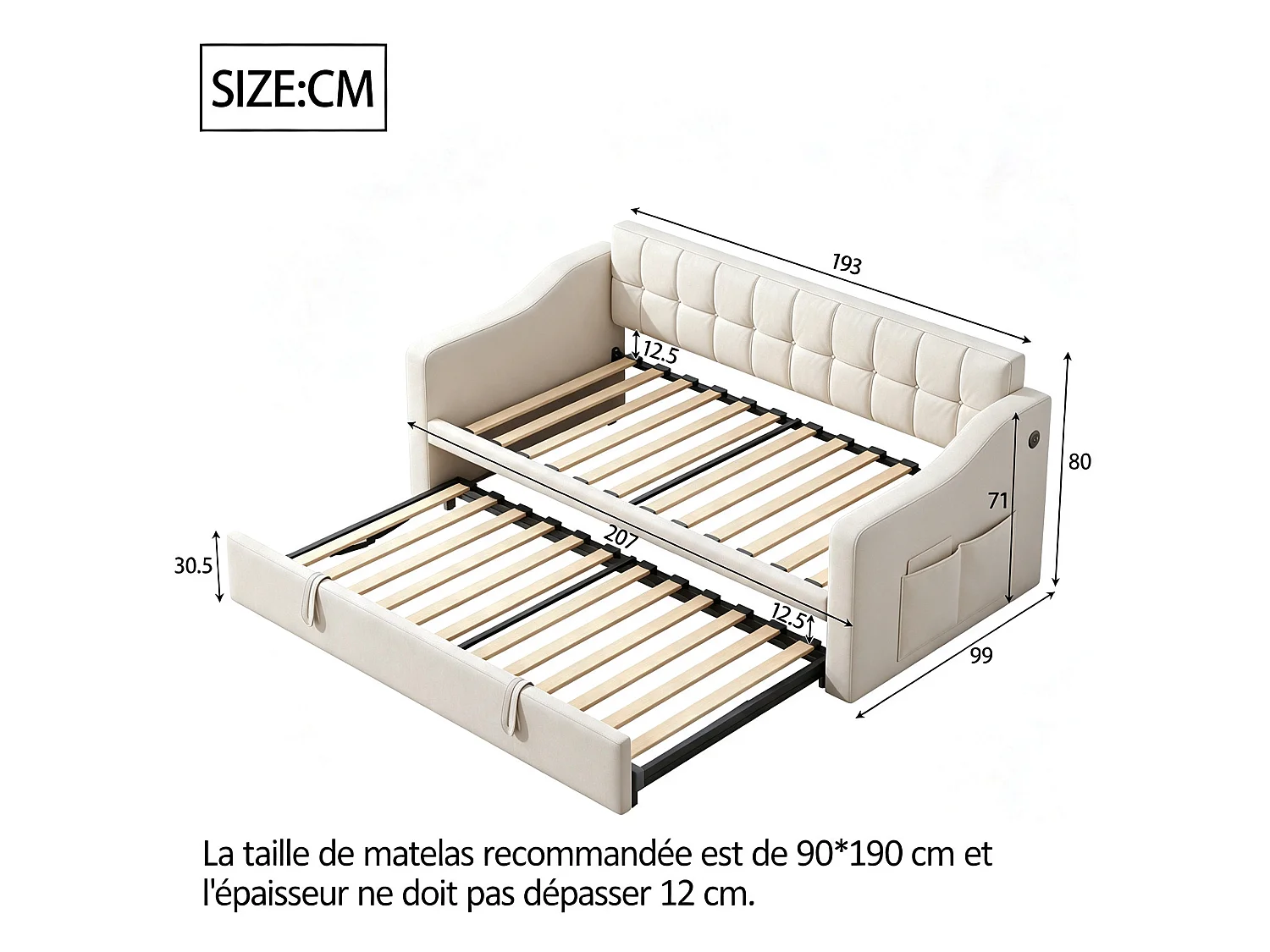 Lit banquette gigogne 90x190 cm en velours beige avec poches latérales, port USB, sans matelas