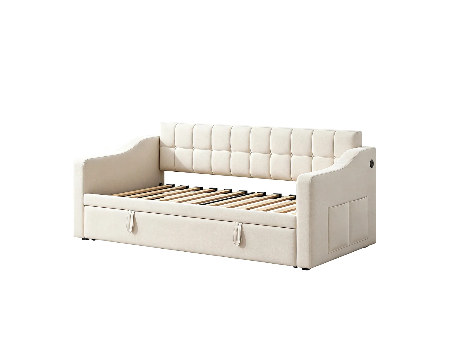 Lit banquette gigogne 90x190 cm en velours beige avec poches latérales, port USB, sans matelas