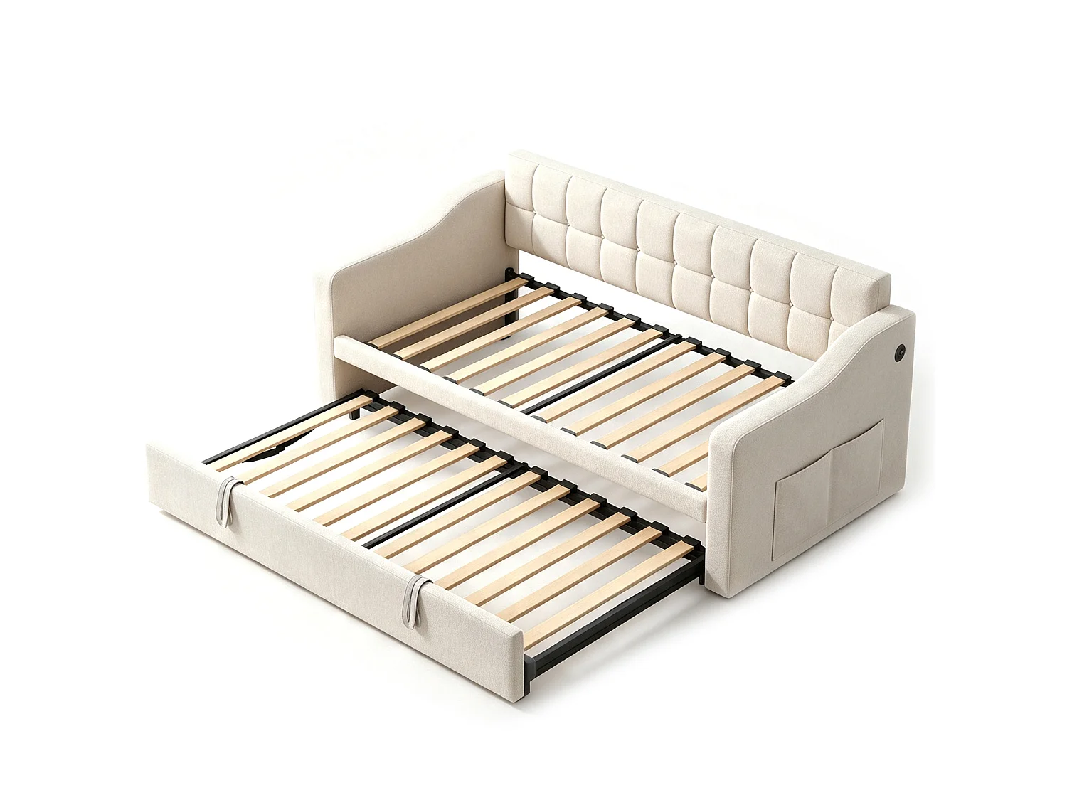 Lit banquette gigogne 90x190 cm en velours beige avec poches latérales, port USB, sans matelas