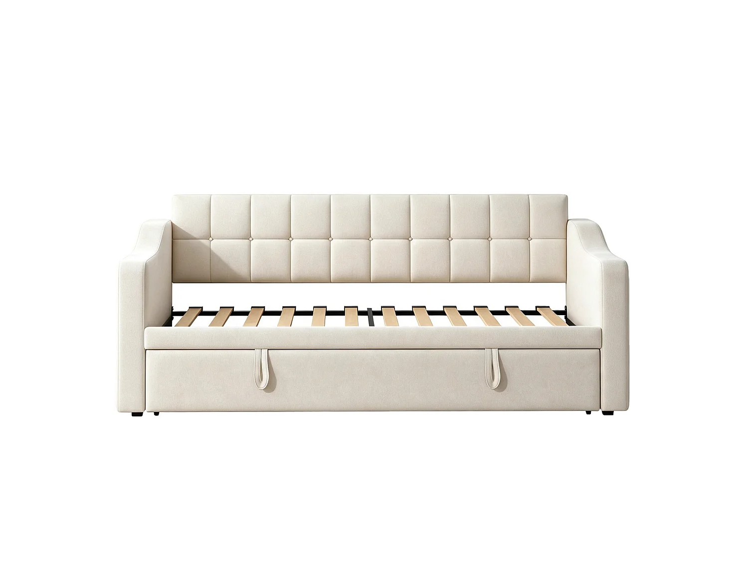 Lit banquette gigogne 90x190 cm en velours beige avec poches latérales, port USB, sans matelas