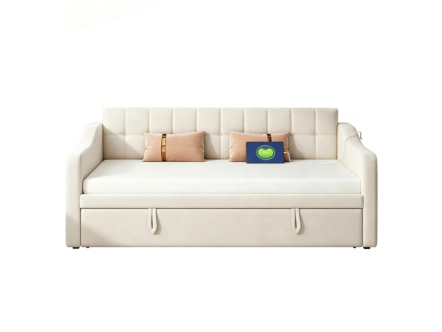 Lit banquette gigogne 90x190 cm en velours beige avec poches latérales, port USB, sans matelas