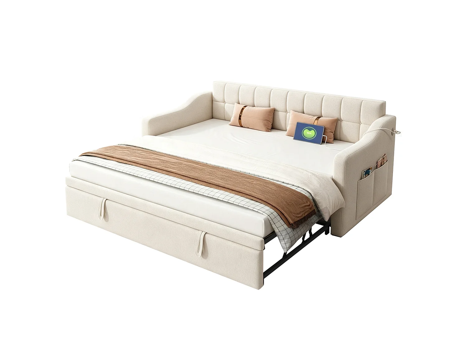 Lit banquette gigogne 90x190 cm en velours beige avec poches latérales, port USB, sans matelas