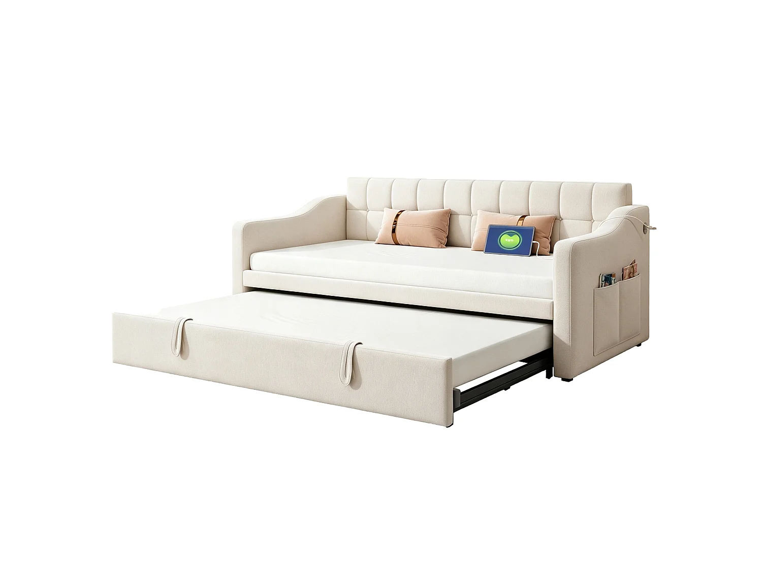 Lit banquette gigogne 90x190 cm en velours beige avec poches latérales, port USB, sans matelas