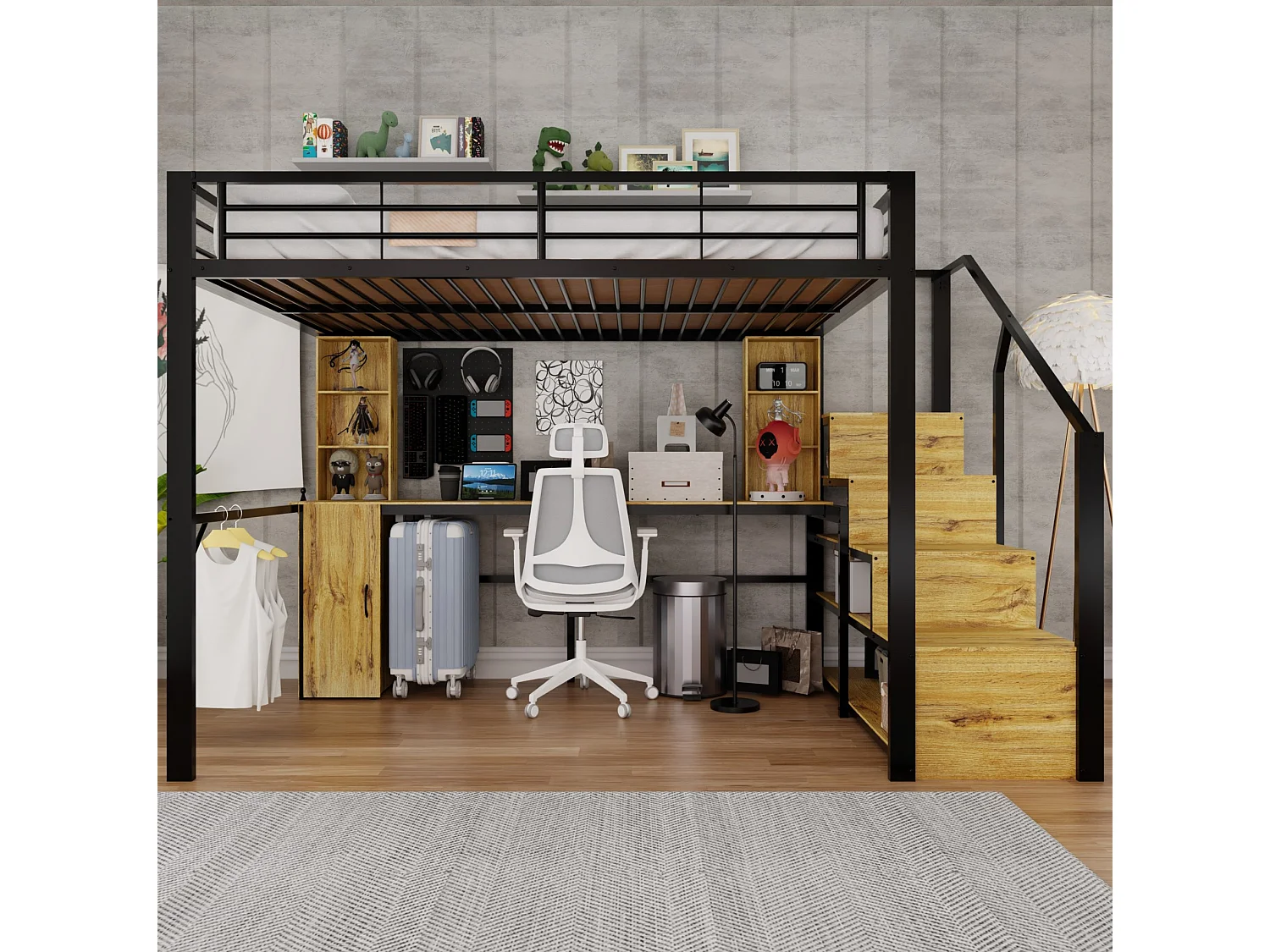 Hoogslaper 140x200 cm van zwart metaal en hout met bureau, kast, opbergruimte en USB‑poort, zonder matras