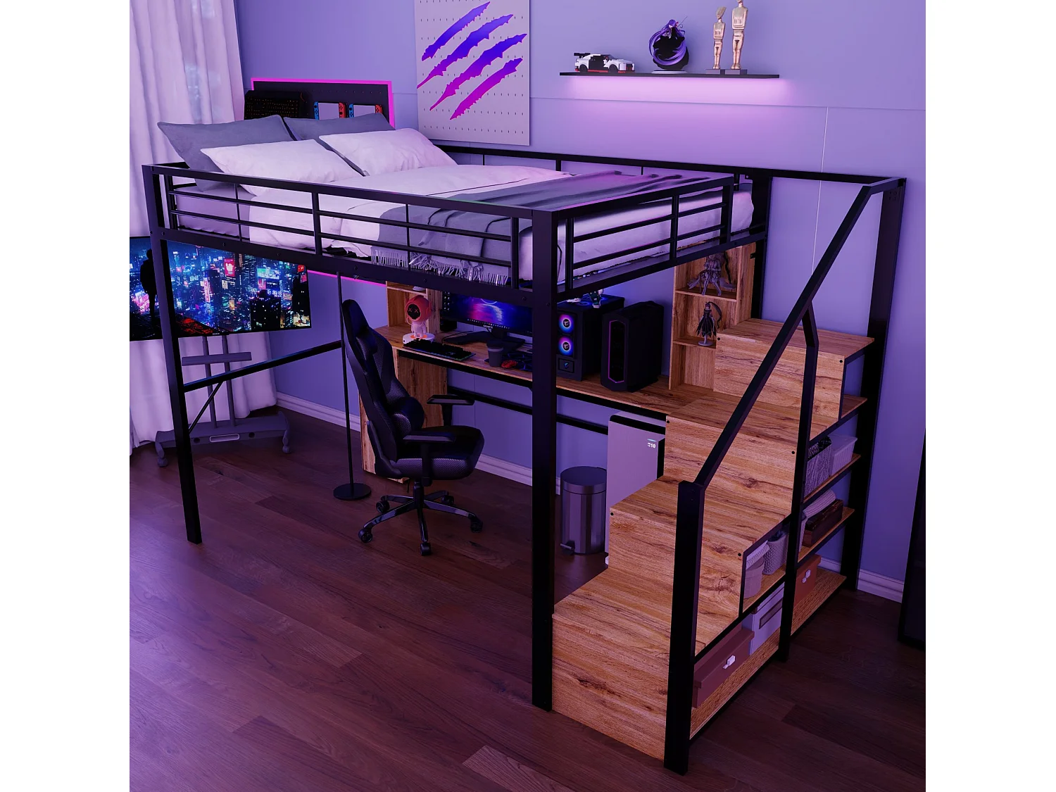 Hoogslaper 140x200 cm van zwart metaal en hout met bureau, kast, opbergruimte en USB‑poort, zonder matras