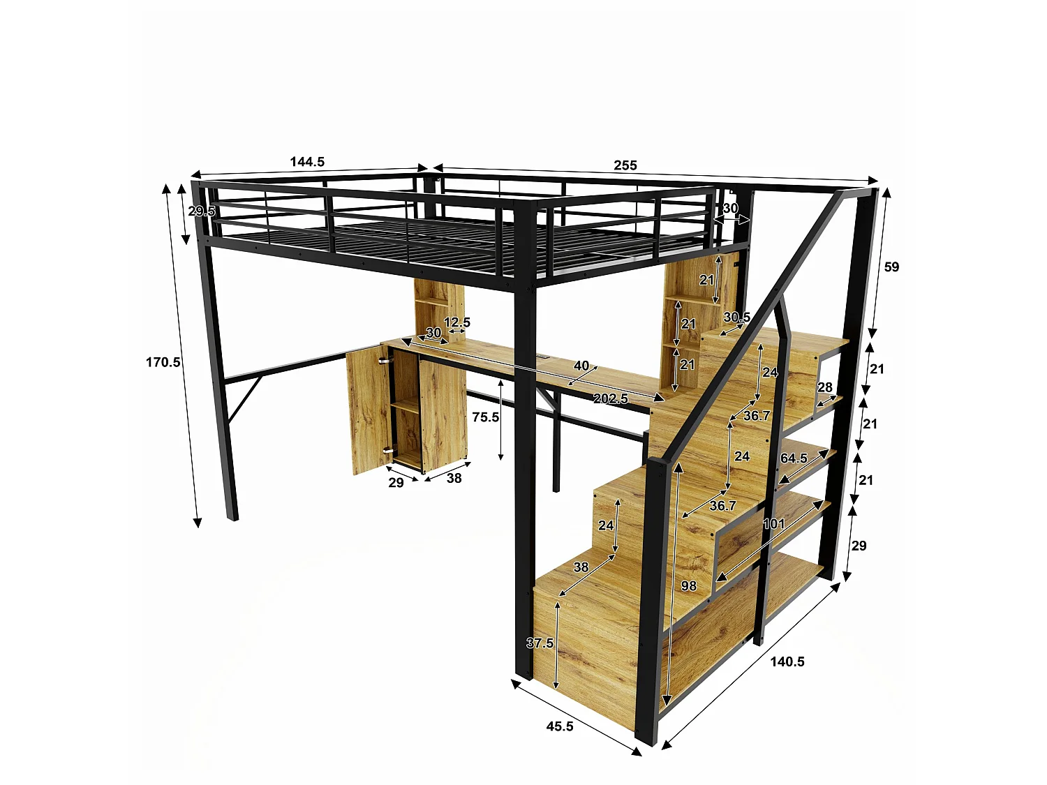 Hoogslaper 140x200 cm van zwart metaal en hout met bureau, kast, opbergruimte en USB‑poort, zonder matras