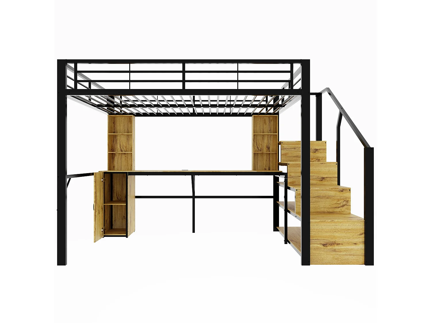 Hoogslaper 140x200 cm van zwart metaal en hout met bureau, kast, opbergruimte en USB‑poort, zonder matras