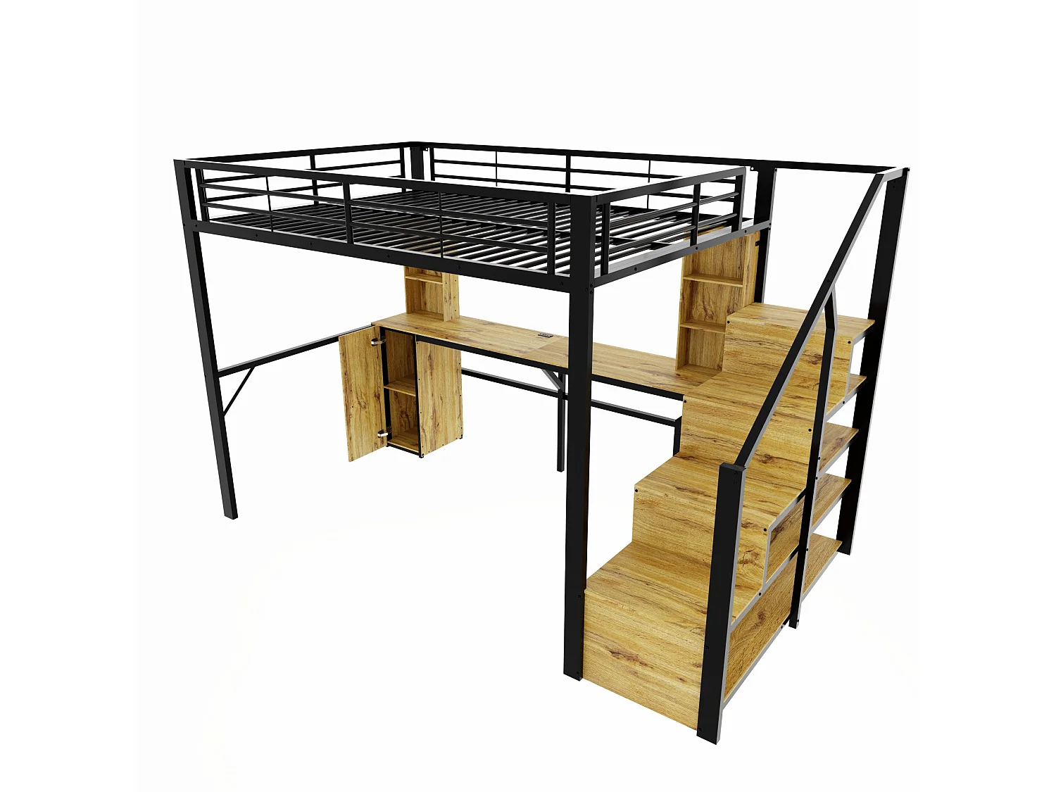 Hoogslaper 140x200 cm van zwart metaal en hout met bureau, kast, opbergruimte en USB‑poort, zonder matras