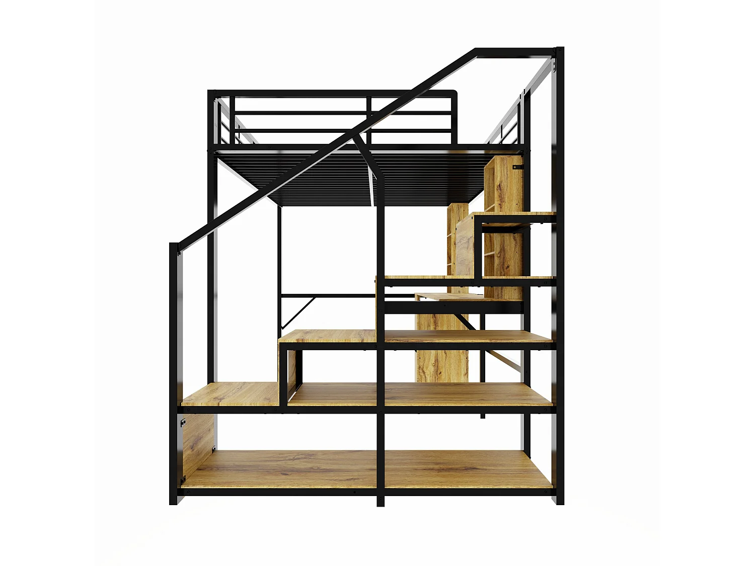 Hoogslaper 140x200 cm van zwart metaal en hout met bureau, kast, opbergruimte en USB‑poort, zonder matras