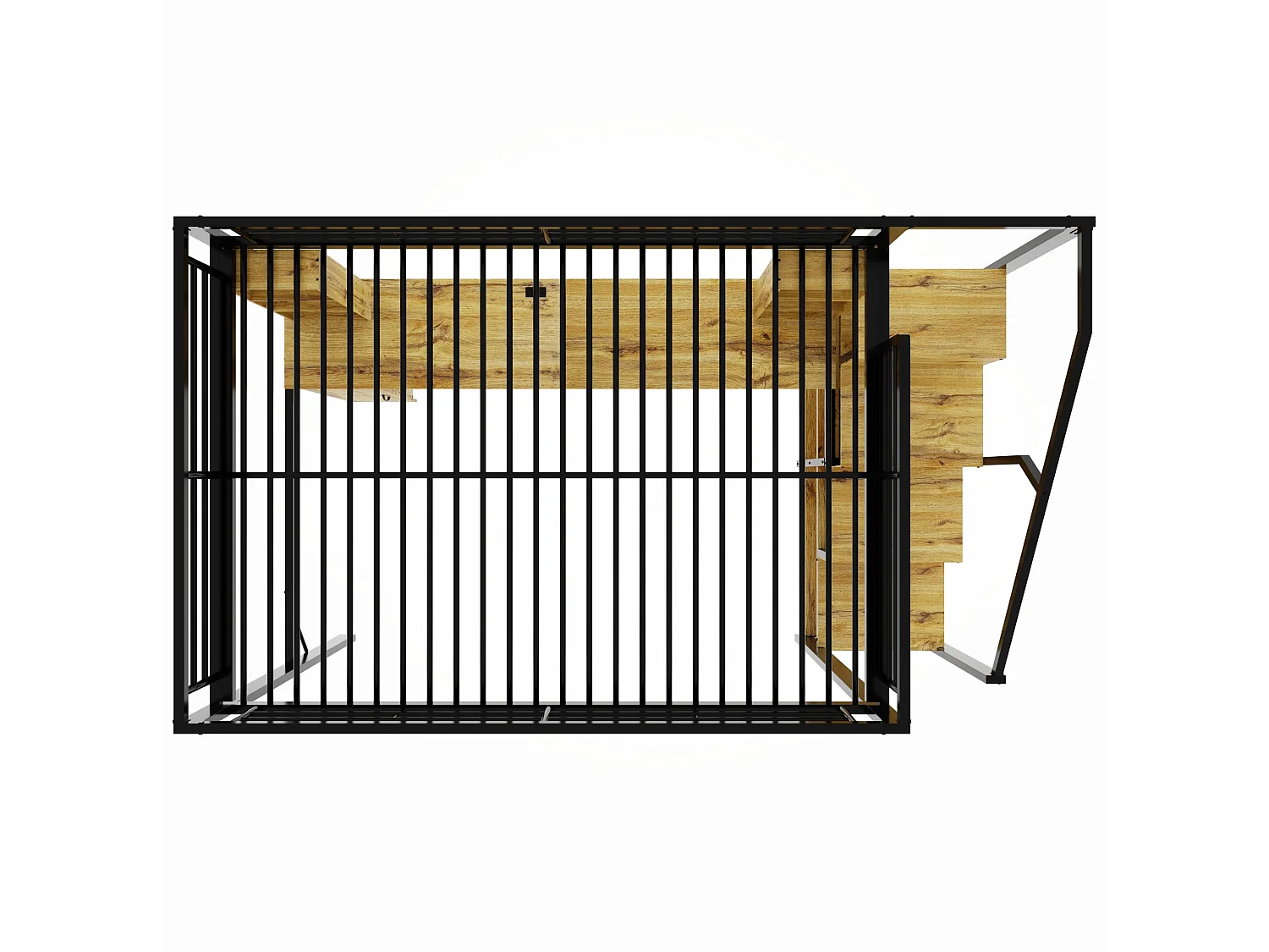Hoogslaper 140x200 cm van zwart metaal en hout met bureau, kast, opbergruimte en USB‑poort, zonder matras
