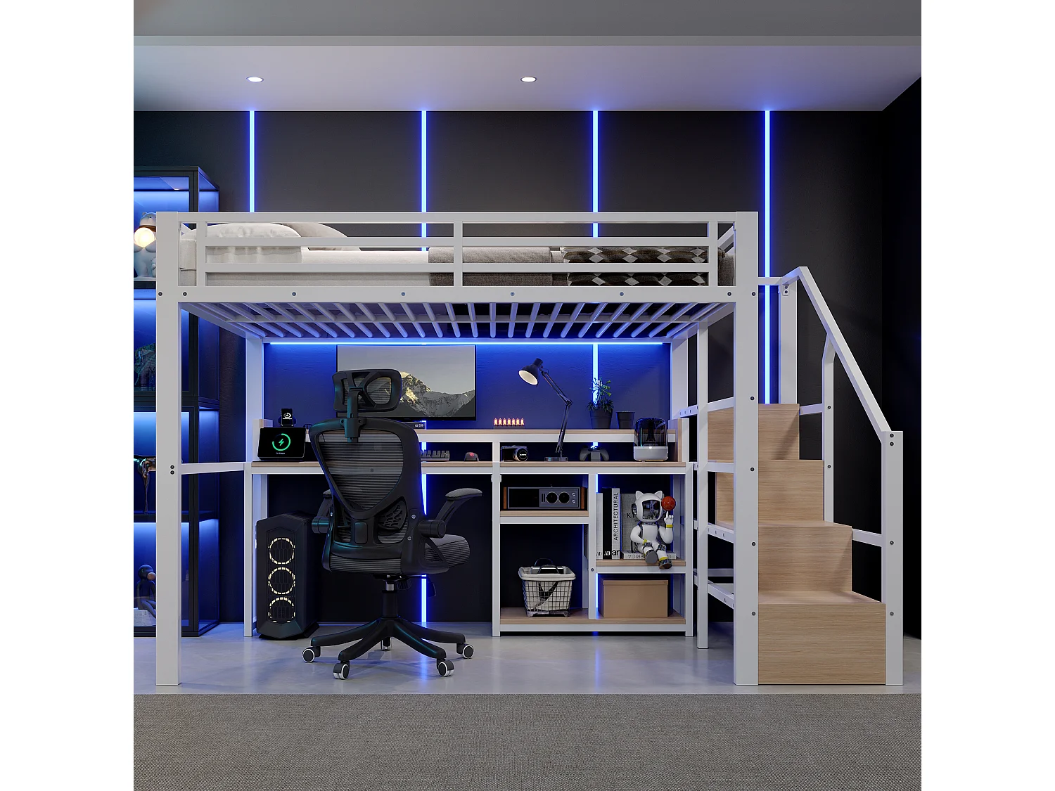 Cama alta 140x200 cm de metal y MDF blanco con escritorio de ordenador, espacios de almacenamiento, LED y puertos USB, sin colchón
