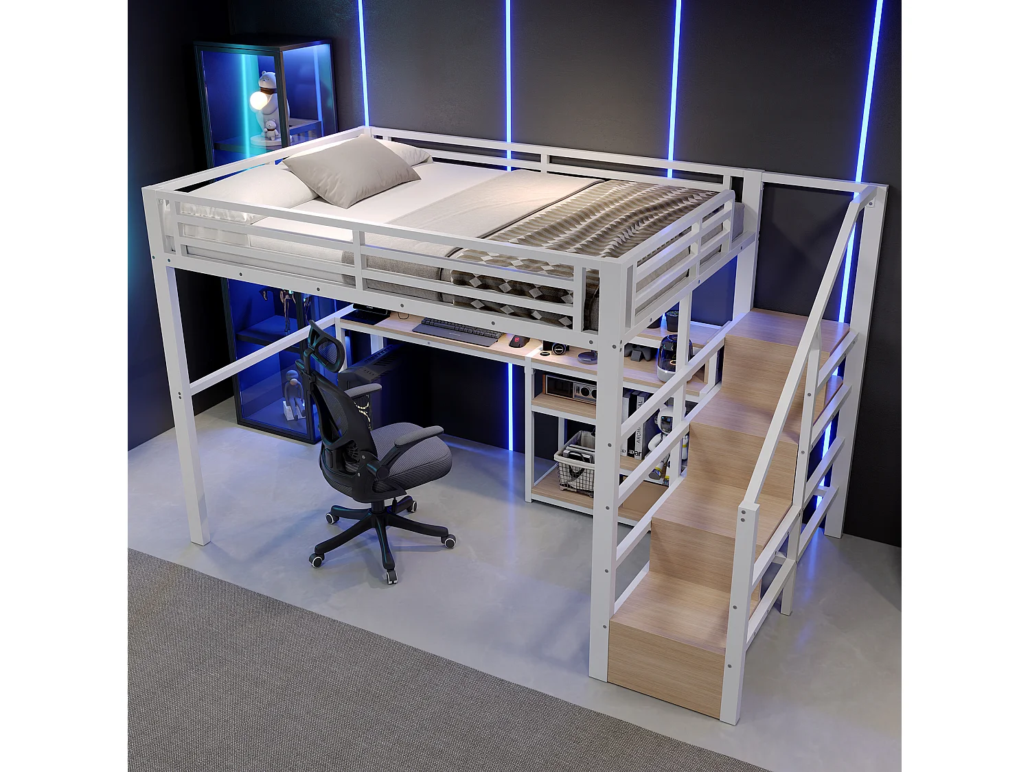 Cama alta 140x200 cm de metal y MDF blanco con escritorio de ordenador, espacios de almacenamiento, LED y puertos USB, sin colchón