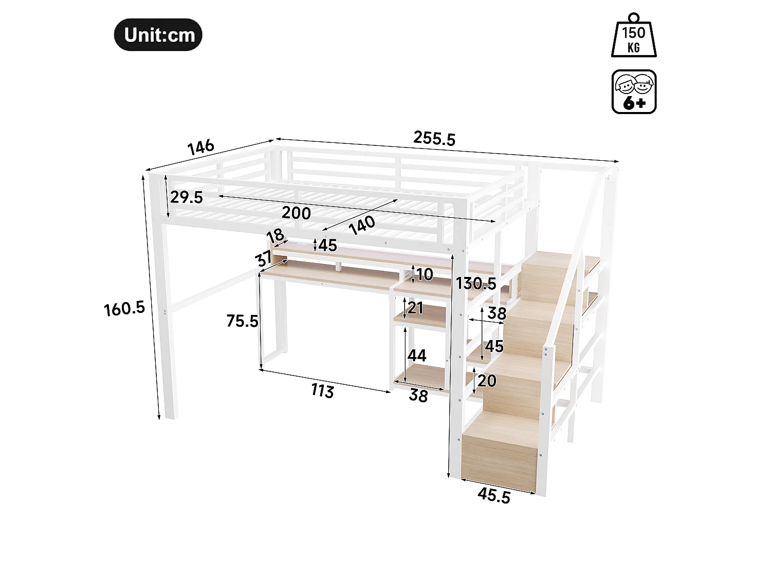 Cama alta 140x200 cm de metal y MDF blanco con escritorio de ordenador, espacios de almacenamiento, LED y puertos USB, sin colchón