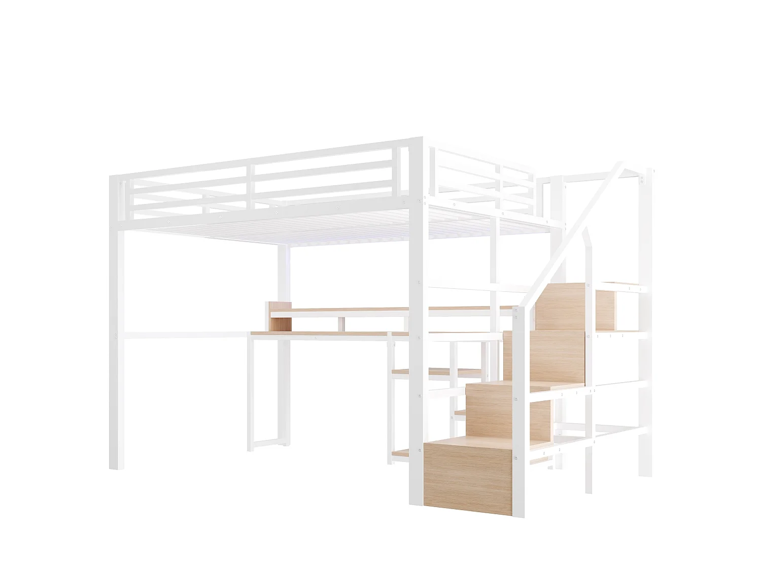Cama alta 140x200 cm de metal y MDF blanco con escritorio de ordenador, espacios de almacenamiento, LED y puertos USB, sin colchón