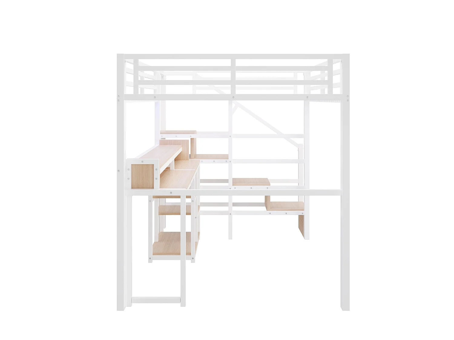 Cama alta 140x200 cm de metal y MDF blanco con escritorio de ordenador, espacios de almacenamiento, LED y puertos USB, sin colchón