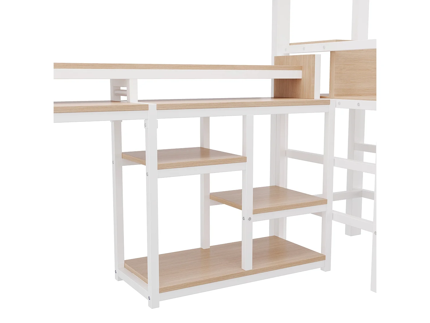 Cama alta 140x200 cm de metal y MDF blanco con escritorio de ordenador, espacios de almacenamiento, LED y puertos USB, sin colchón