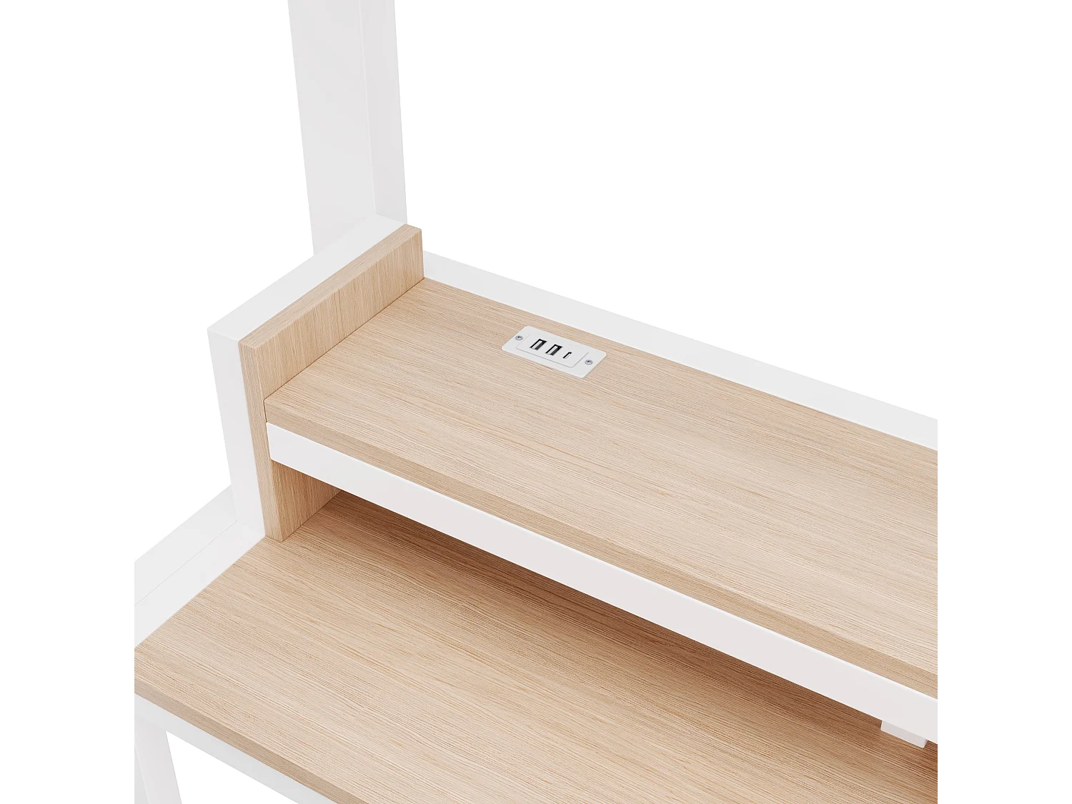 Cama alta 140x200 cm de metal y MDF blanco con escritorio de ordenador, espacios de almacenamiento, LED y puertos USB, sin colchón