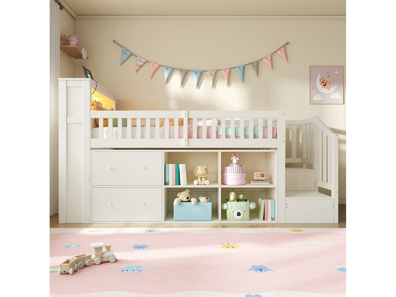Lit mi‑hauteur enfant 90x200 cm en bois blanc avec tiroirs, rangement, éclairage LED, ports USB et Type‑C, sans matelas