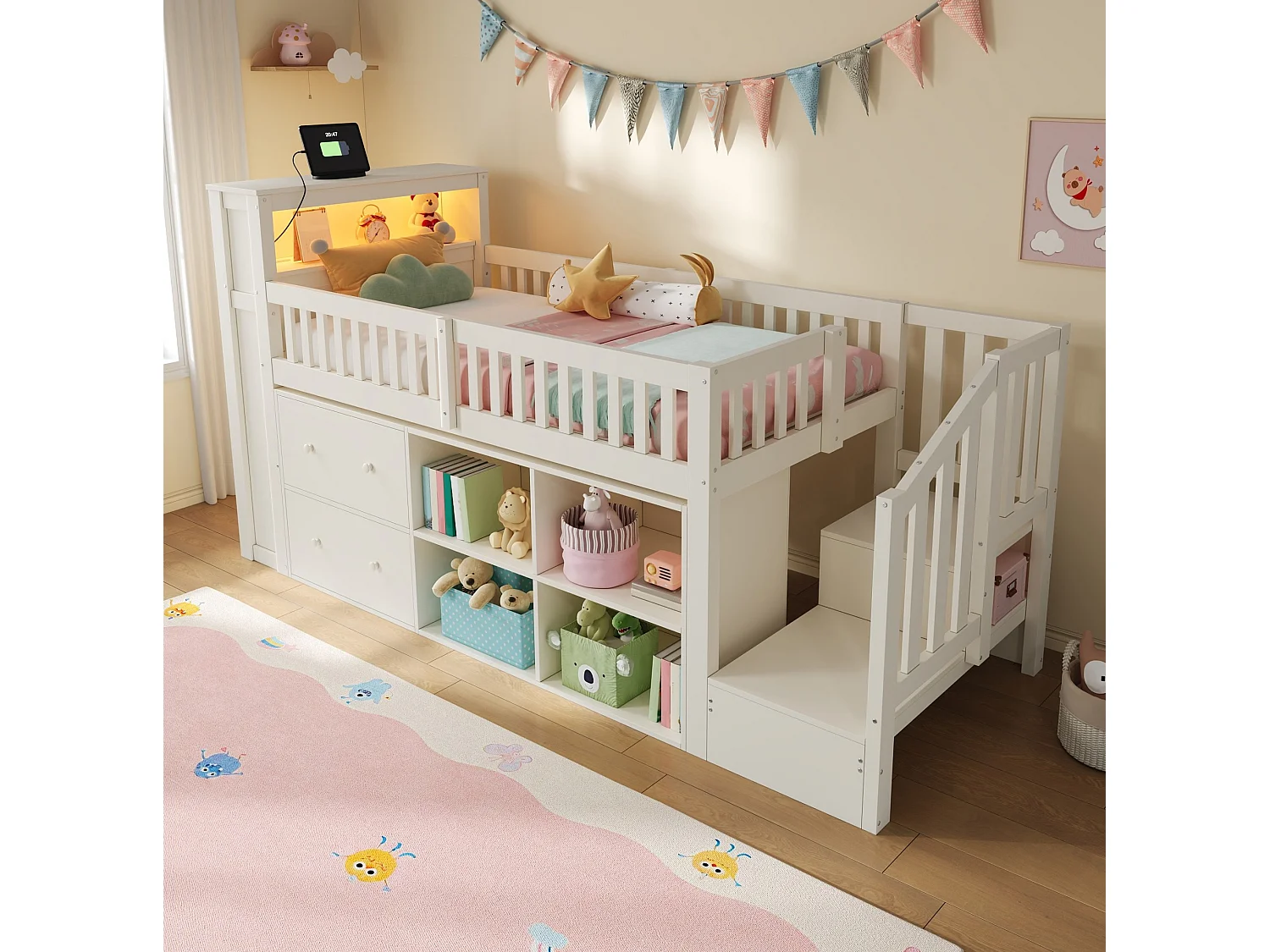 Lit mi‑hauteur enfant 90x200 cm en bois blanc avec tiroirs, rangement, éclairage LED, ports USB et Type‑C, sans matelas