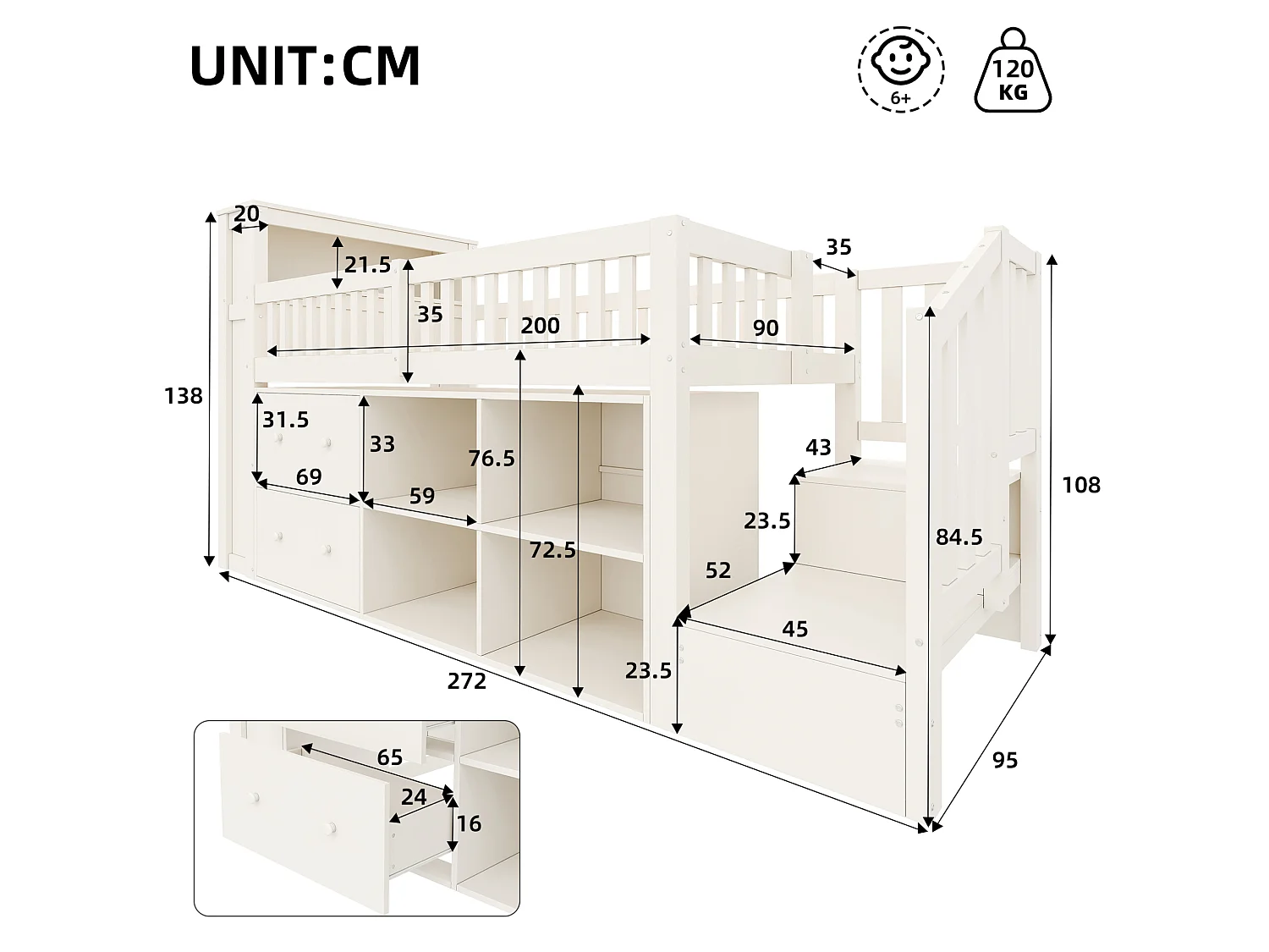 Lit mi‑hauteur enfant 90x200 cm en bois blanc avec tiroirs, rangement, éclairage LED, ports USB et Type‑C, sans matelas