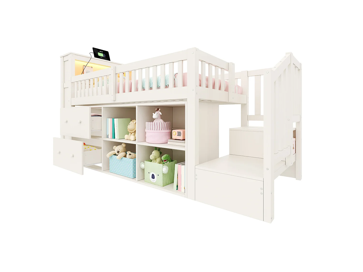 Lit mi‑hauteur enfant 90x200 cm en bois blanc avec tiroirs, rangement, éclairage LED, ports USB et Type‑C, sans matelas