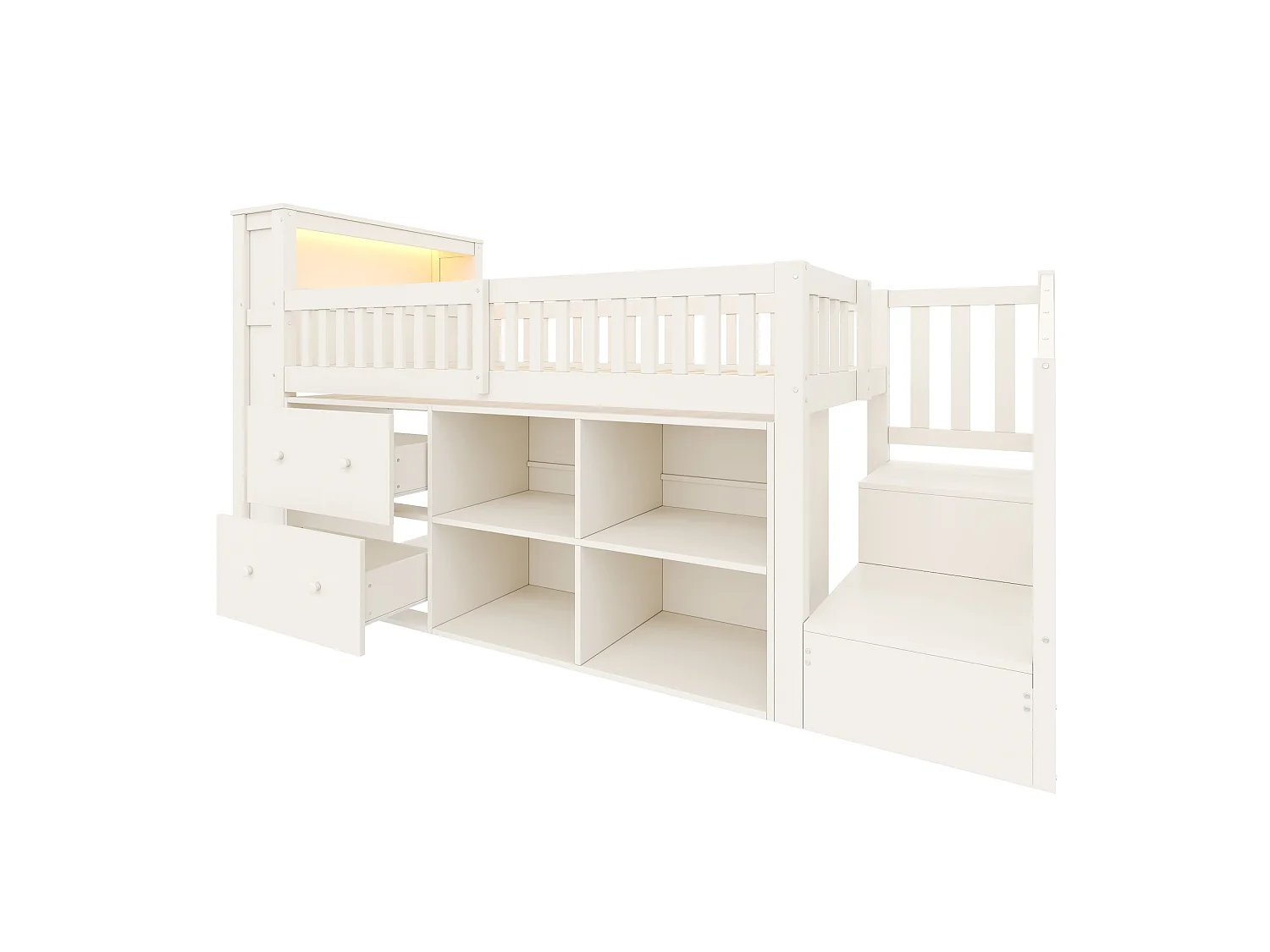 Lit mi‑hauteur enfant 90x200 cm en bois blanc avec tiroirs, rangement, éclairage LED, ports USB et Type‑C, sans matelas