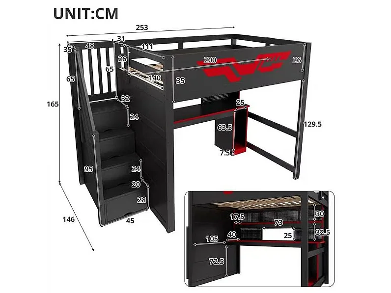 Cama alta 140x200 cm de madera negra con escritorio, iluminación LED, puerto USB y escalera con almacenamiento, sin colchón