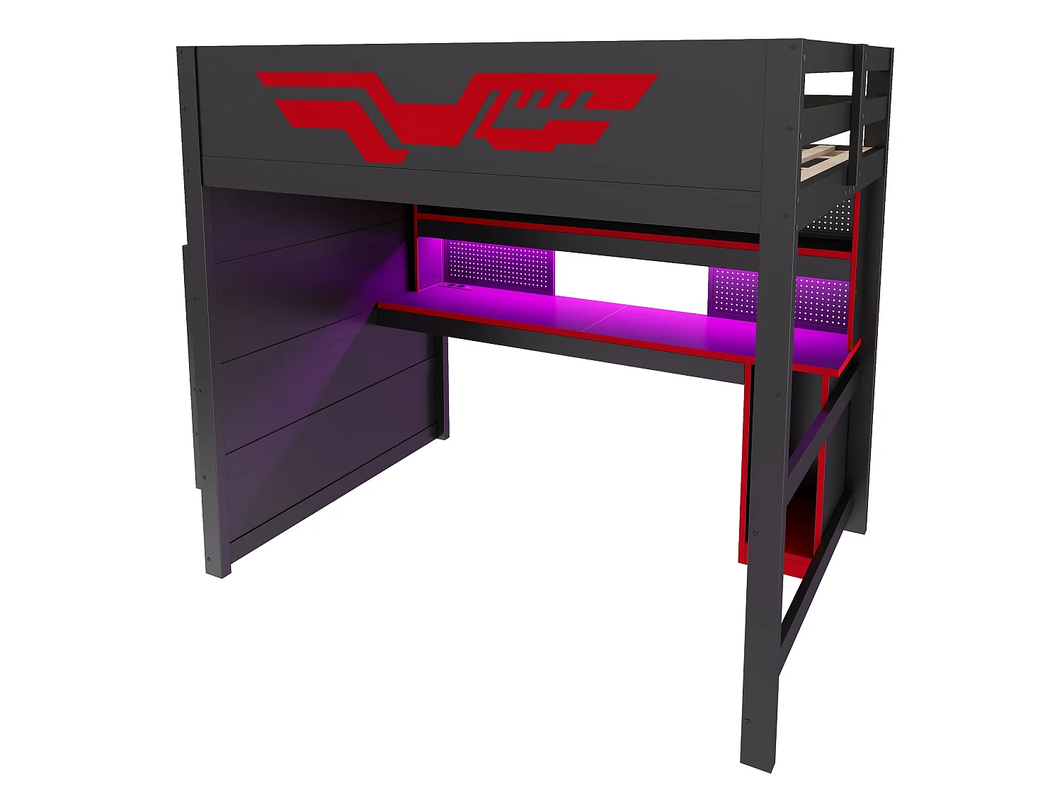 Cama alta 140x200 cm de madera negra con escritorio, iluminación LED, puerto USB y escalera con almacenamiento, sin colchón
