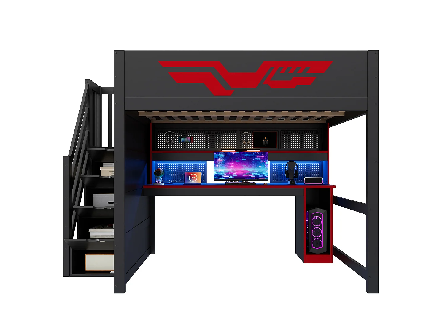 Cama alta 140x200 cm de madera negra con escritorio, iluminación LED, puerto USB y escalera con almacenamiento, sin colchón