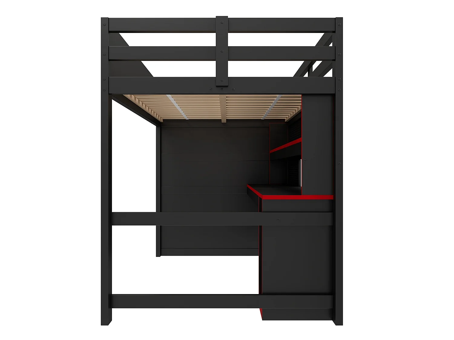 Cama alta 140x200 cm de madera negra con escritorio, iluminación LED, puerto USB y escalera con almacenamiento, sin colchón