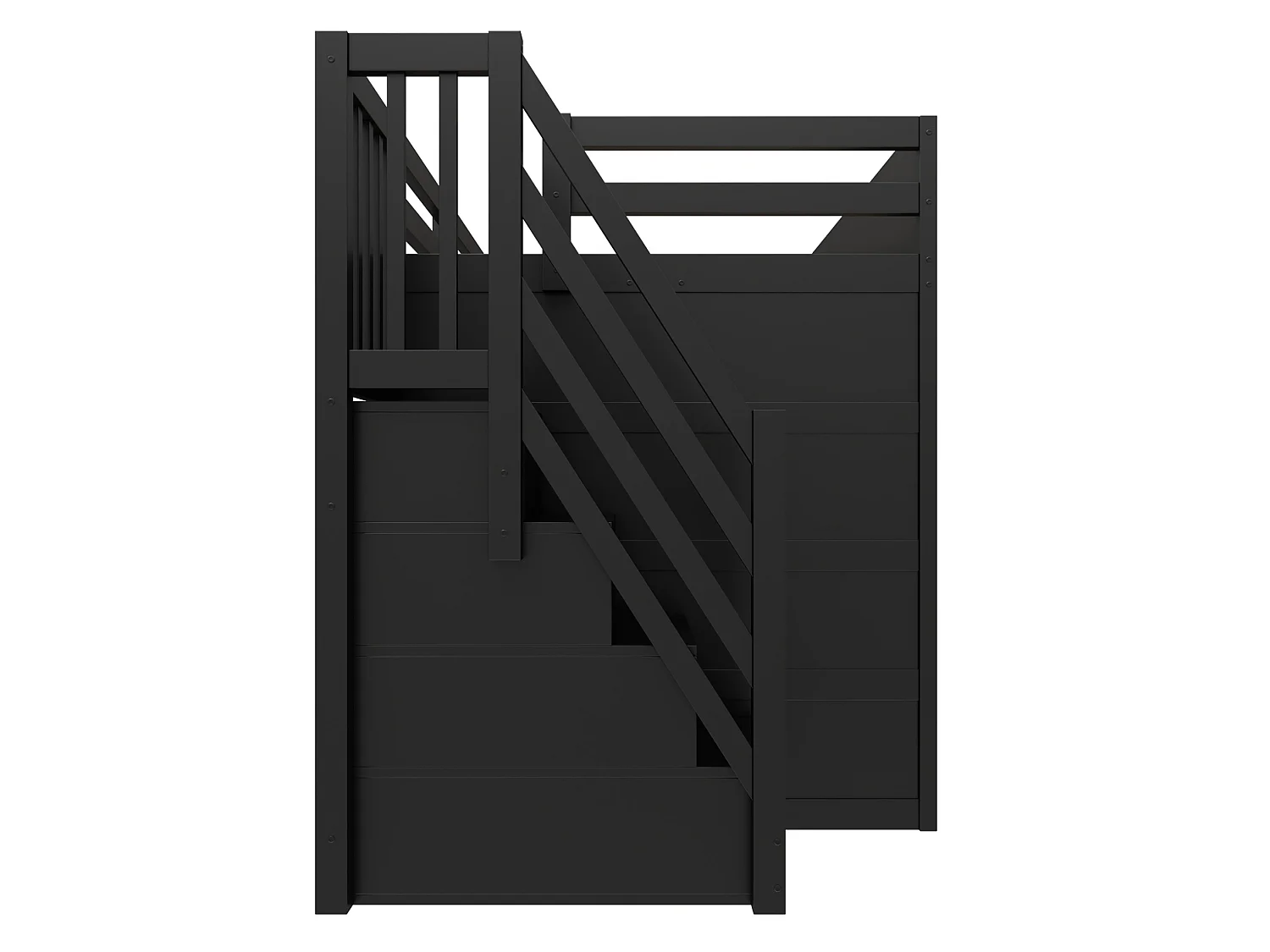 Cama alta 140x200 cm de madera negra con escritorio, iluminación LED, puerto USB y escalera con almacenamiento, sin colchón
