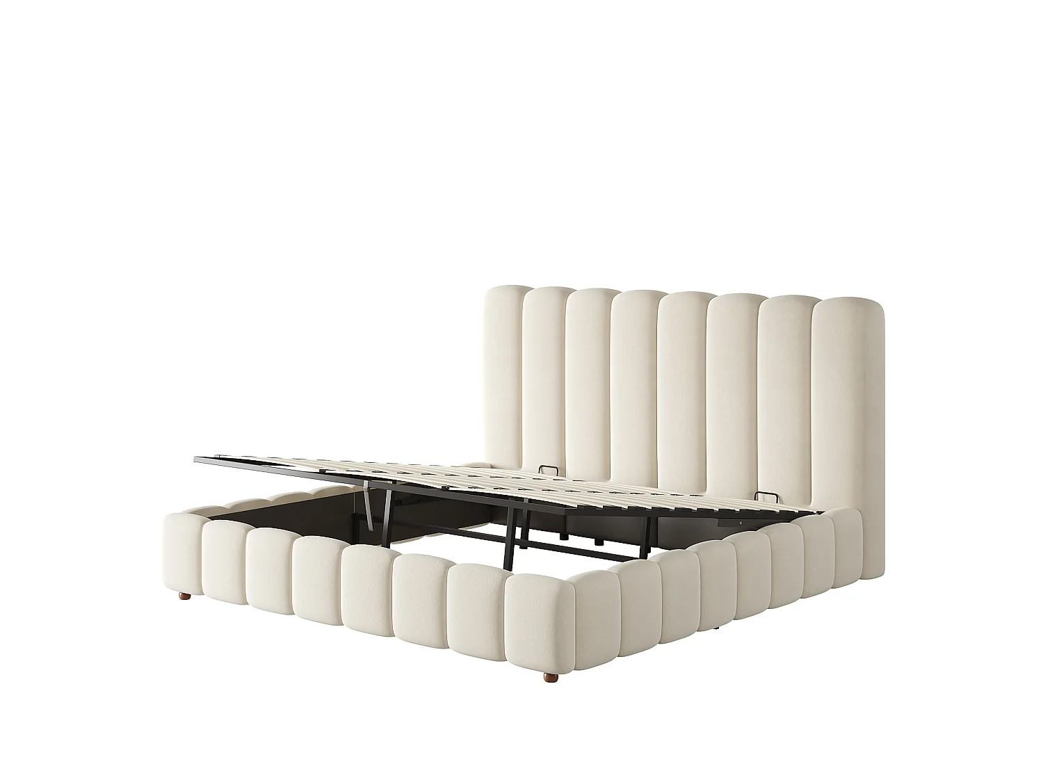 Cama baúl 180x200 cm de terciopelo beige con cabecero y somier de láminas, sin colchón