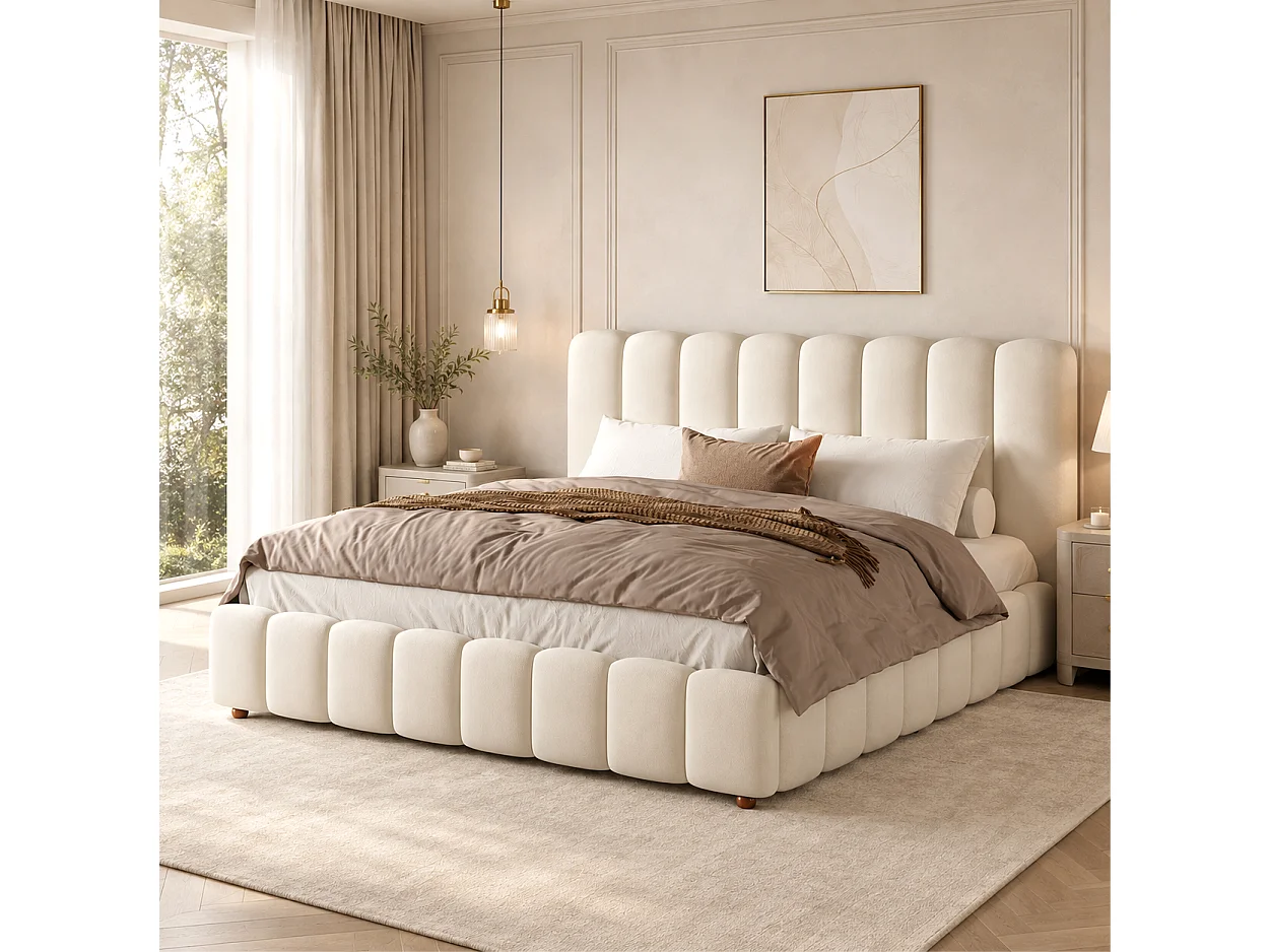 Cama baúl 180x200 cm de terciopelo beige con cabecero y somier de láminas, sin colchón