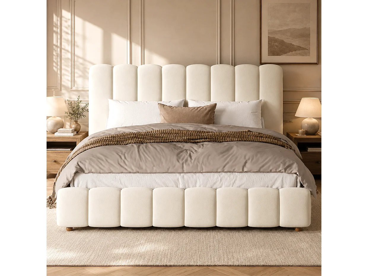 Cama baúl 180x200 cm de terciopelo beige con cabecero y somier de láminas, sin colchón