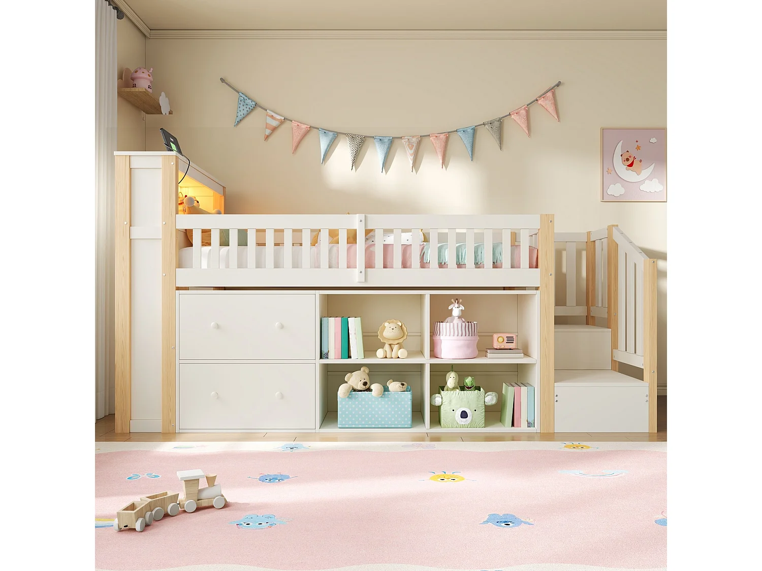 Cama infantil semialta 90x200 cm de madera blanca y natural con cajones, almacenamiento, LED y puertos USB y Type‑C, sin colchón