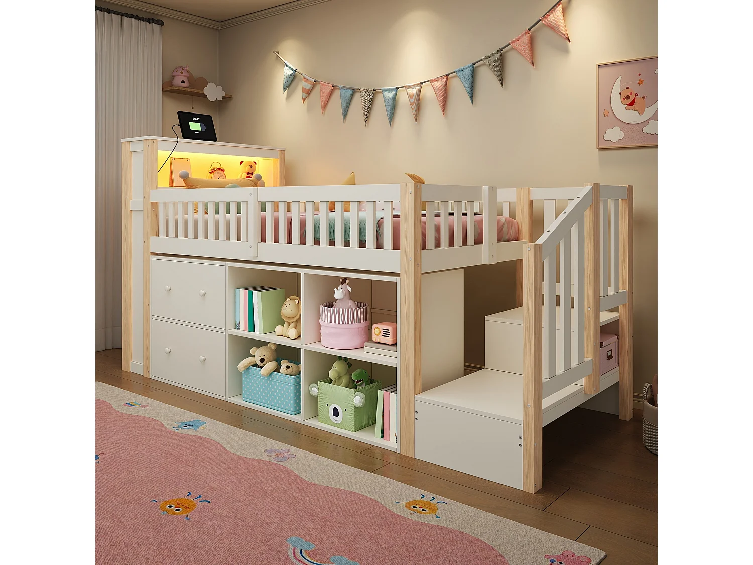 Cama infantil semialta 90x200 cm de madera blanca y natural con cajones, almacenamiento, LED y puertos USB y Type‑C, sin colchón