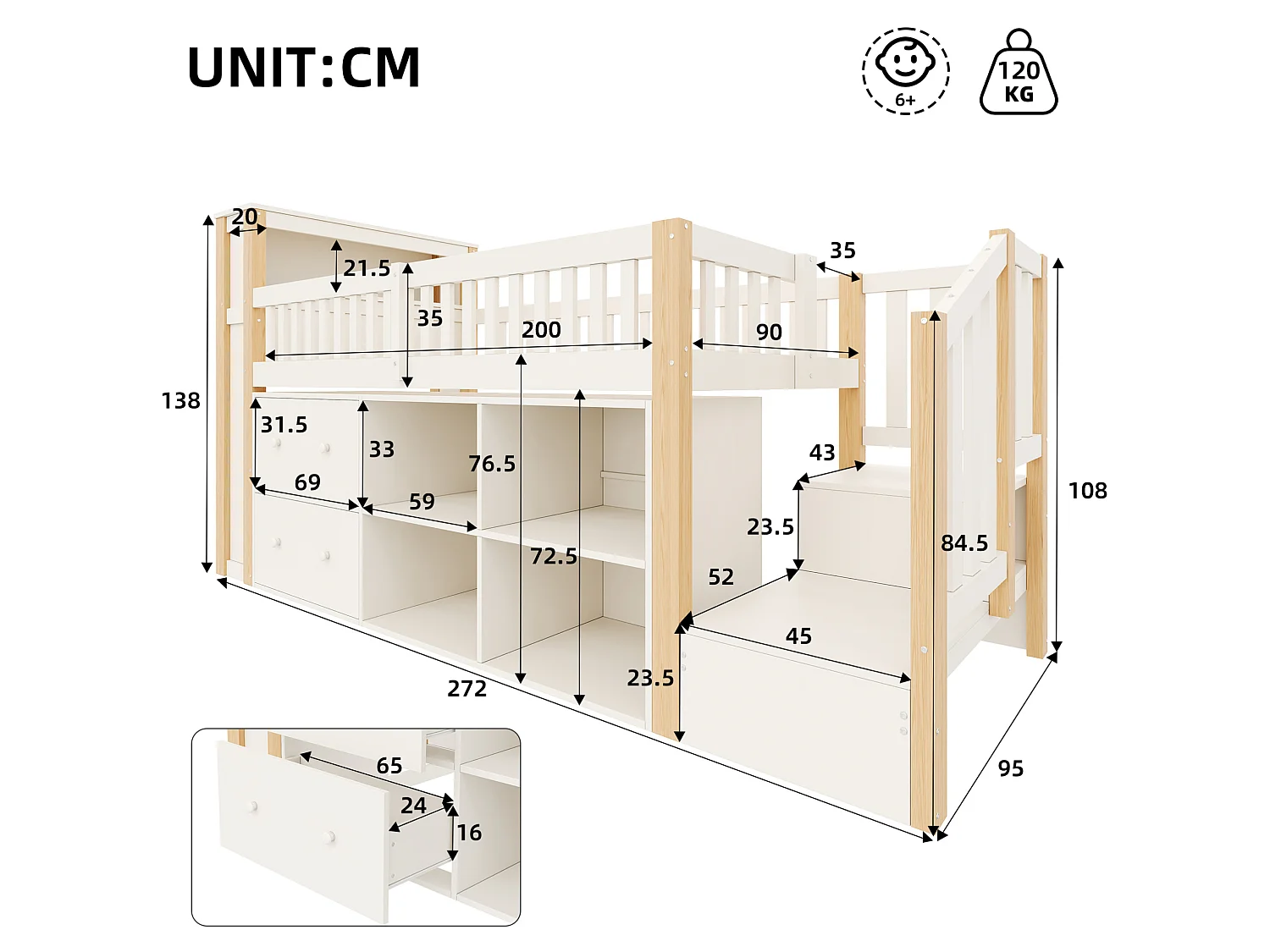Cama infantil semialta 90x200 cm de madera blanca y natural con cajones, almacenamiento, LED y puertos USB y Type‑C, sin colchón