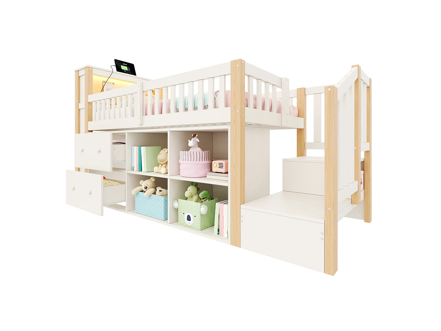 Cama infantil semialta 90x200 cm de madera blanca y natural con cajones, almacenamiento, LED y puertos USB y Type‑C, sin colchón