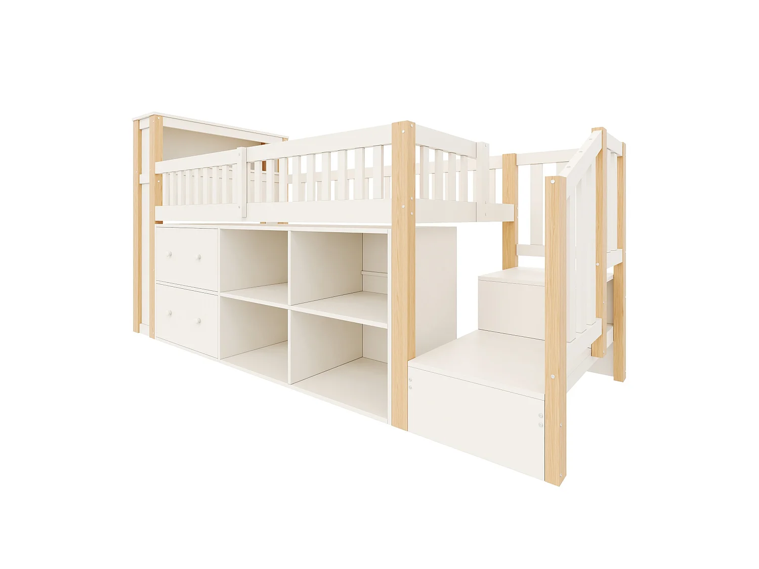 Cama infantil semialta 90x200 cm de madera blanca y natural con cajones, almacenamiento, LED y puertos USB y Type‑C, sin colchón