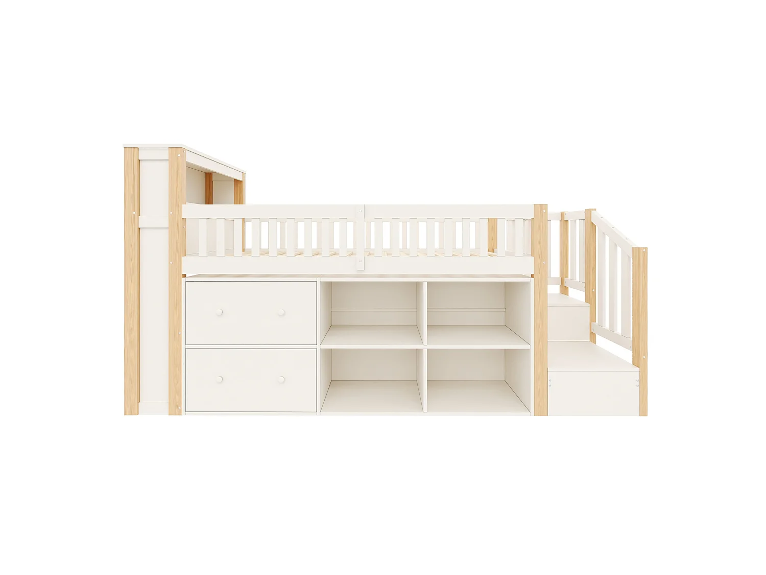 Cama infantil semialta 90x200 cm de madera blanca y natural con cajones, almacenamiento, LED y puertos USB y Type‑C, sin colchón