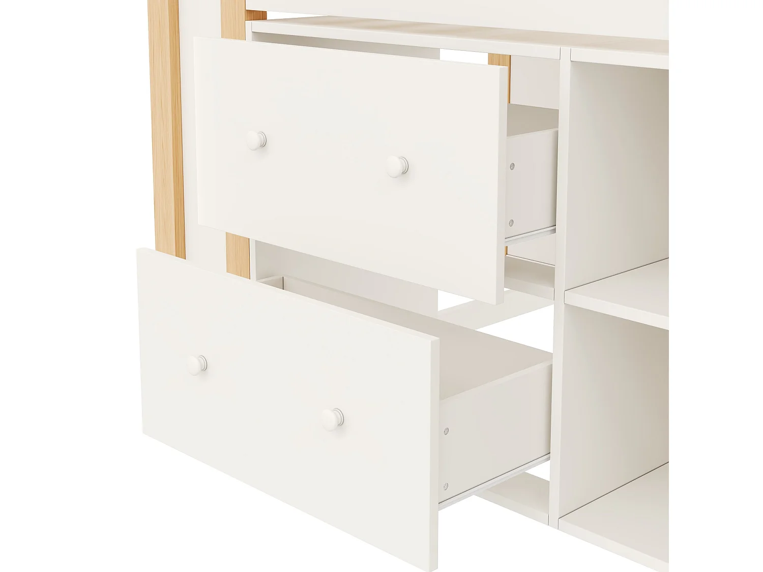 Cama infantil semialta 90x200 cm de madera blanca y natural con cajones, almacenamiento, LED y puertos USB y Type‑C, sin colchón