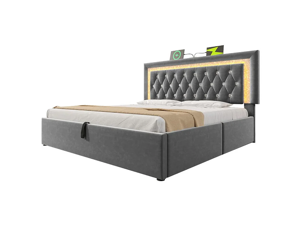 Letto Imbottito in Velluto con LED, USB e Ricarica Type-C, Contenitore per Letto, 160 x 200 cm
