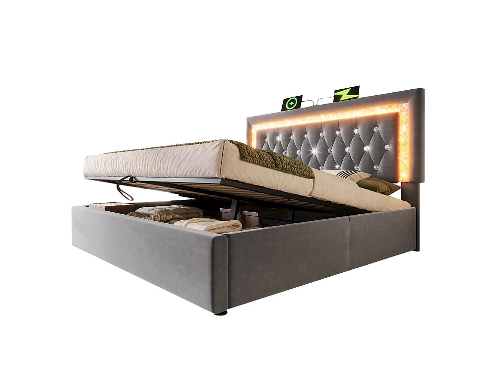Letto Imbottito in Velluto con LED, USB e Ricarica Type-C, Contenitore per Letto, 160 x 200 cm