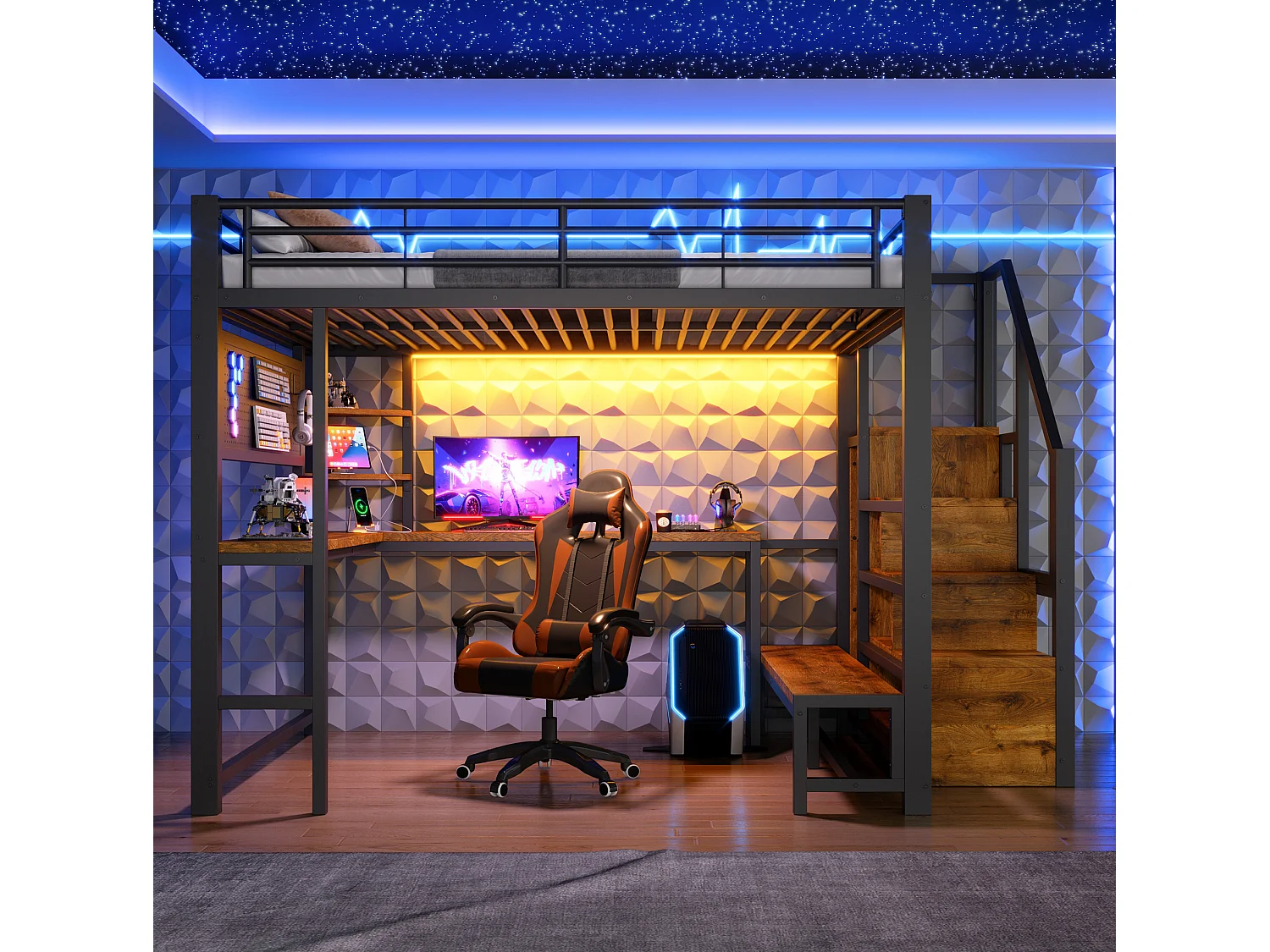 Cama alta 140x200 cm de metal y MDF negro con escritorio, espacios de almacenamiento, LED y puertos USB y Type‑C, sin colchón